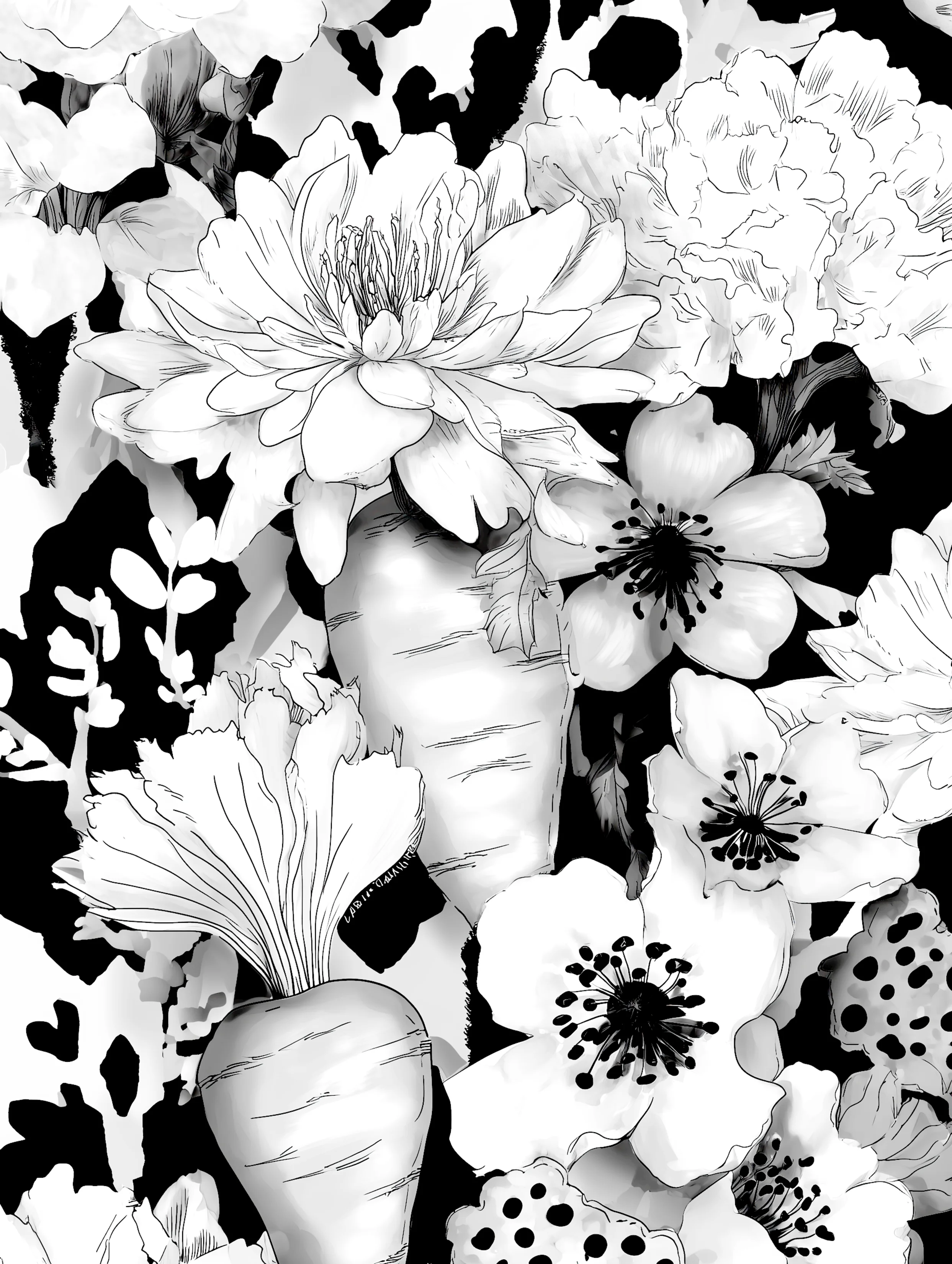 Free printable carrot coloring page for adults featuring a couple of carrtos with flowers around